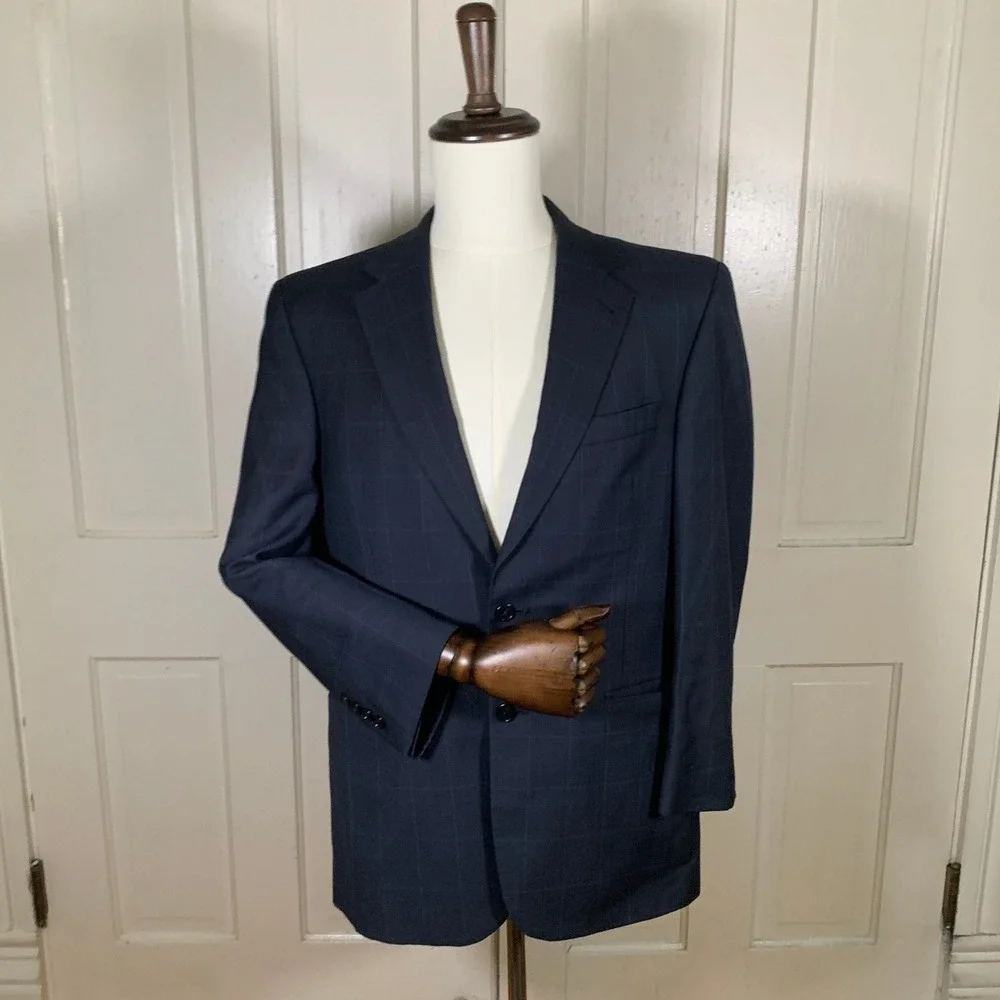 Jos A Bank Signature Mens 38S Navy Wool Silk Windowpane Blazer Sport Coat
